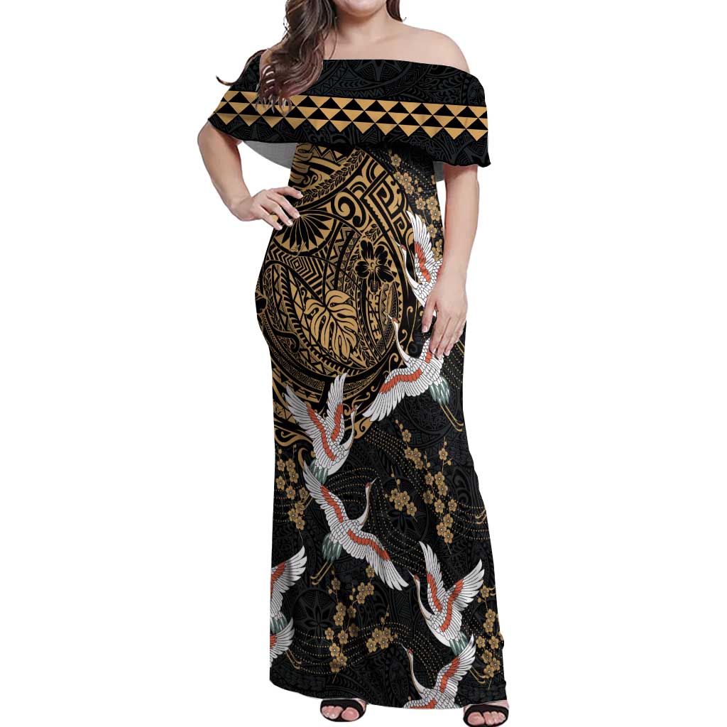 Hawaii and Japanese Together Off Shoulder Maxi Dress Cranes Birds with Kakau Pattern LT03 Women Black - Polynesian Pride