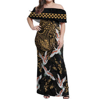 Hawaii and Japanese Together Off Shoulder Maxi Dress Cranes Birds with Kakau Pattern LT03 Women Black - Polynesian Pride