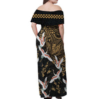Hawaii and Japanese Together Off Shoulder Maxi Dress Cranes Birds with Kakau Pattern LT03 - Polynesian Pride