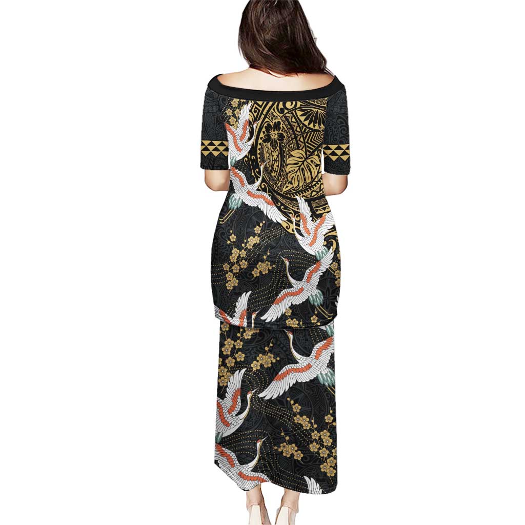 Hawaii and Japanese Together Puletasi Cranes Birds with Kakau Pattern LT03 - Polynesian Pride