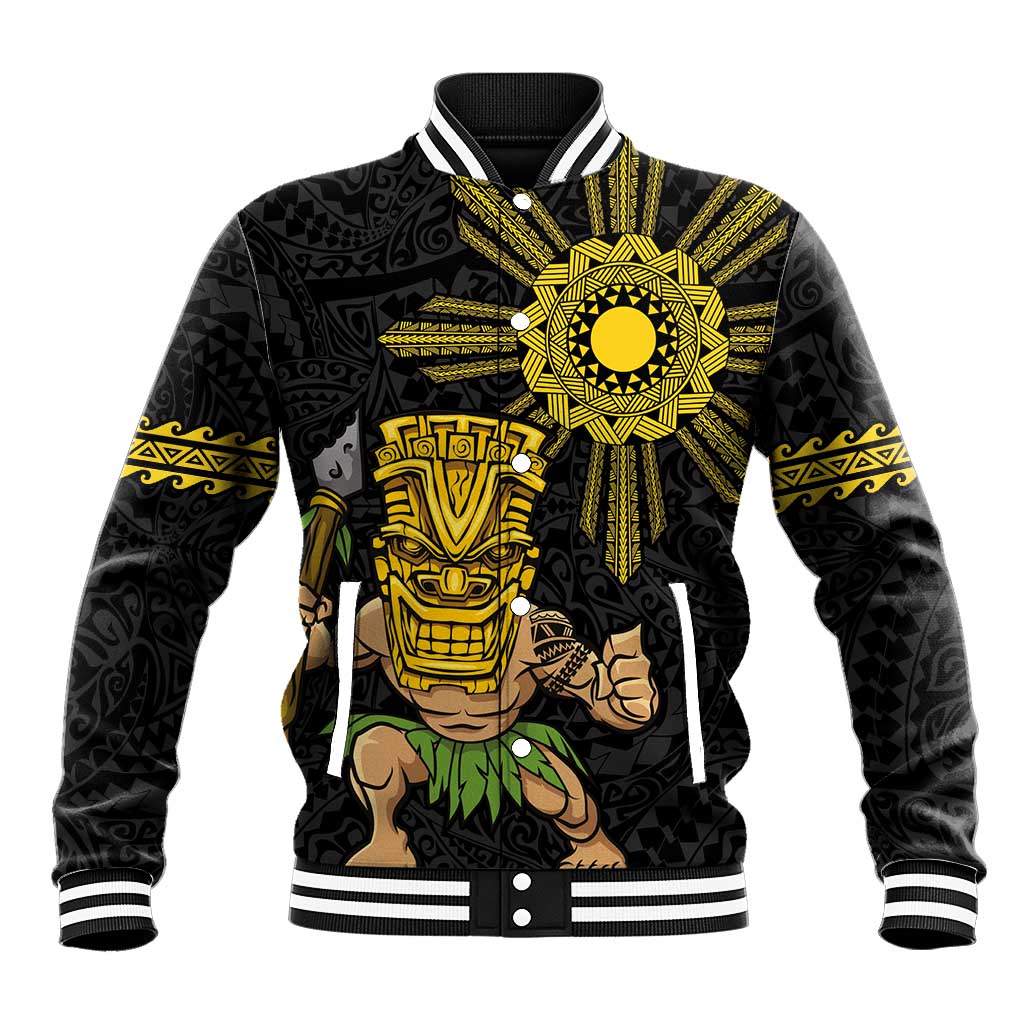 Hawaii and Philippines Together Baseball Jacket Warrior Tiki Mask and Filipino Sun Polynesian Style LT03 Unisex Black - Polynesian Pride