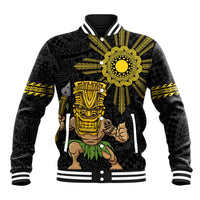 Hawaii and Philippines Together Baseball Jacket Warrior Tiki Mask and Filipino Sun Polynesian Style LT03 Unisex Black - Polynesian Pride