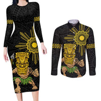 Hawaii and Philippines Together Couples Matching Long Sleeve Bodycon Dress and Long Sleeve Button Shirt Warrior Tiki Mask and Filipino Sun Polynesian Style LT03 Black - Polynesian Pride