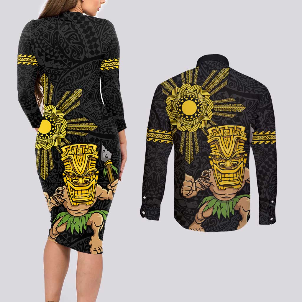 Hawaii and Philippines Together Couples Matching Long Sleeve Bodycon Dress and Long Sleeve Button Shirt Warrior Tiki Mask and Filipino Sun Polynesian Style LT03 - Polynesian Pride