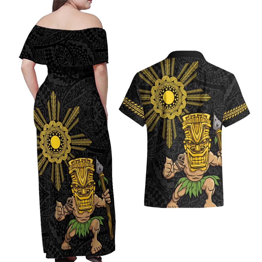 Hawaii and Philippines Together Couples Matching Off Shoulder Maxi Dress and Hawaiian Shirt Warrior Tiki Mask and Filipino Sun Polynesian Style LT03 - Polynesian Pride