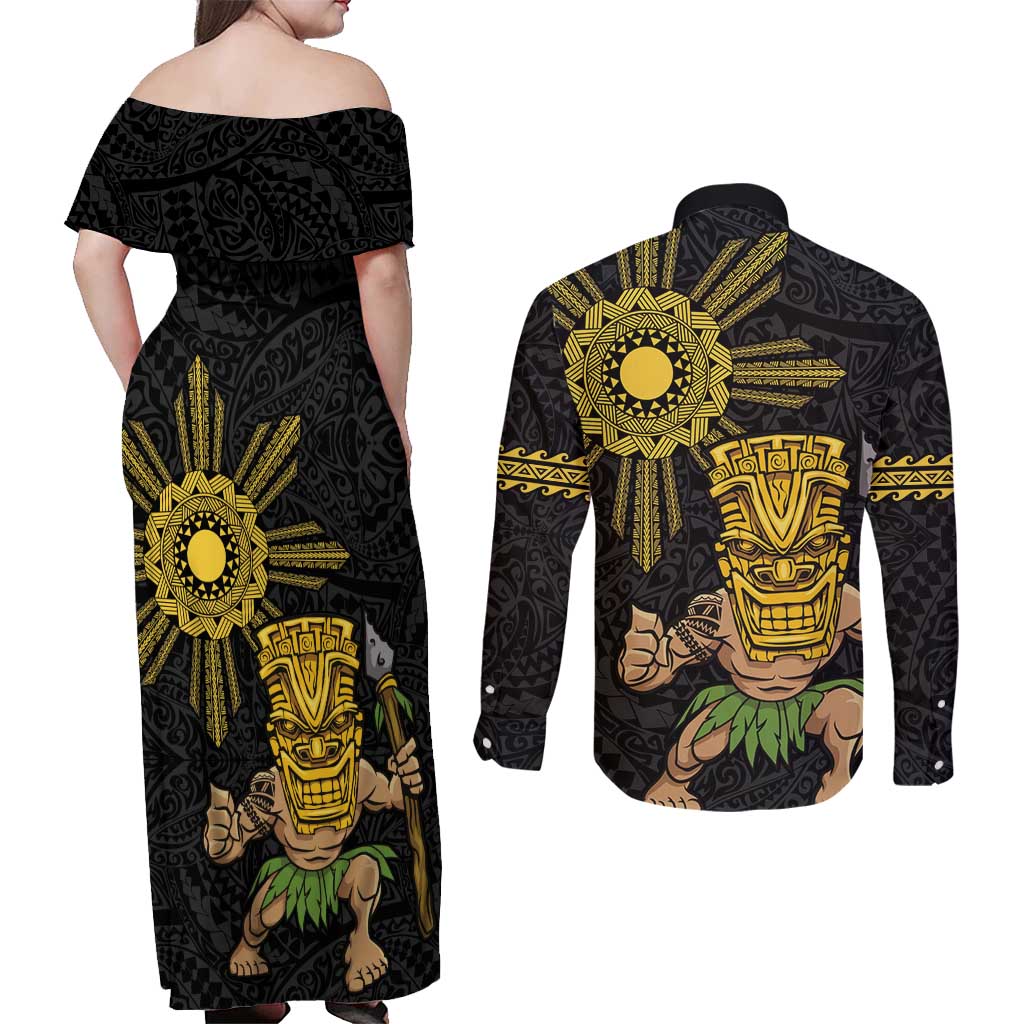 Hawaii and Philippines Together Couples Matching Off Shoulder Maxi Dress and Long Sleeve Button Shirt Warrior Tiki Mask and Filipino Sun Polynesian Style LT03 - Polynesian Pride