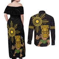 Hawaii and Philippines Together Couples Matching Off Shoulder Maxi Dress and Long Sleeve Button Shirt Warrior Tiki Mask and Filipino Sun Polynesian Style LT03 - Polynesian Pride