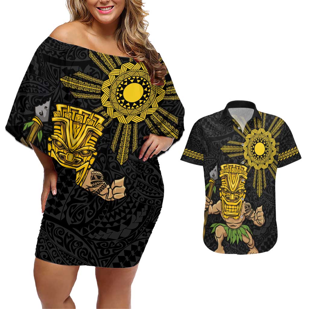 Hawaii and Philippines Together Couples Matching Off Shoulder Short Dress and Hawaiian Shirt Warrior Tiki Mask and Filipino Sun Polynesian Style LT03 Black - Polynesian Pride