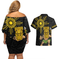 Hawaii and Philippines Together Couples Matching Off Shoulder Short Dress and Hawaiian Shirt Warrior Tiki Mask and Filipino Sun Polynesian Style LT03 - Polynesian Pride