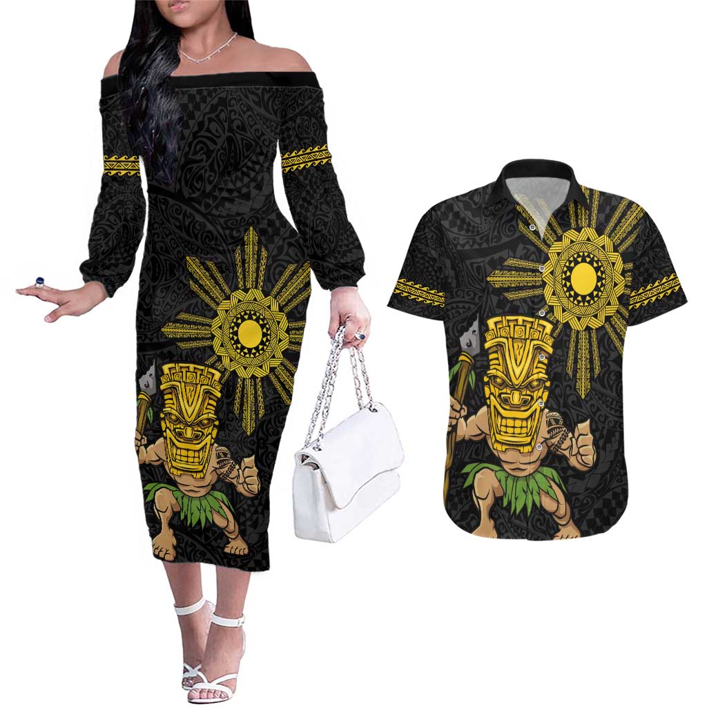Hawaii and Philippines Together Couples Matching Off The Shoulder Long Sleeve Dress and Hawaiian Shirt Warrior Tiki Mask and Filipino Sun Polynesian Style LT03 Black - Polynesian Pride