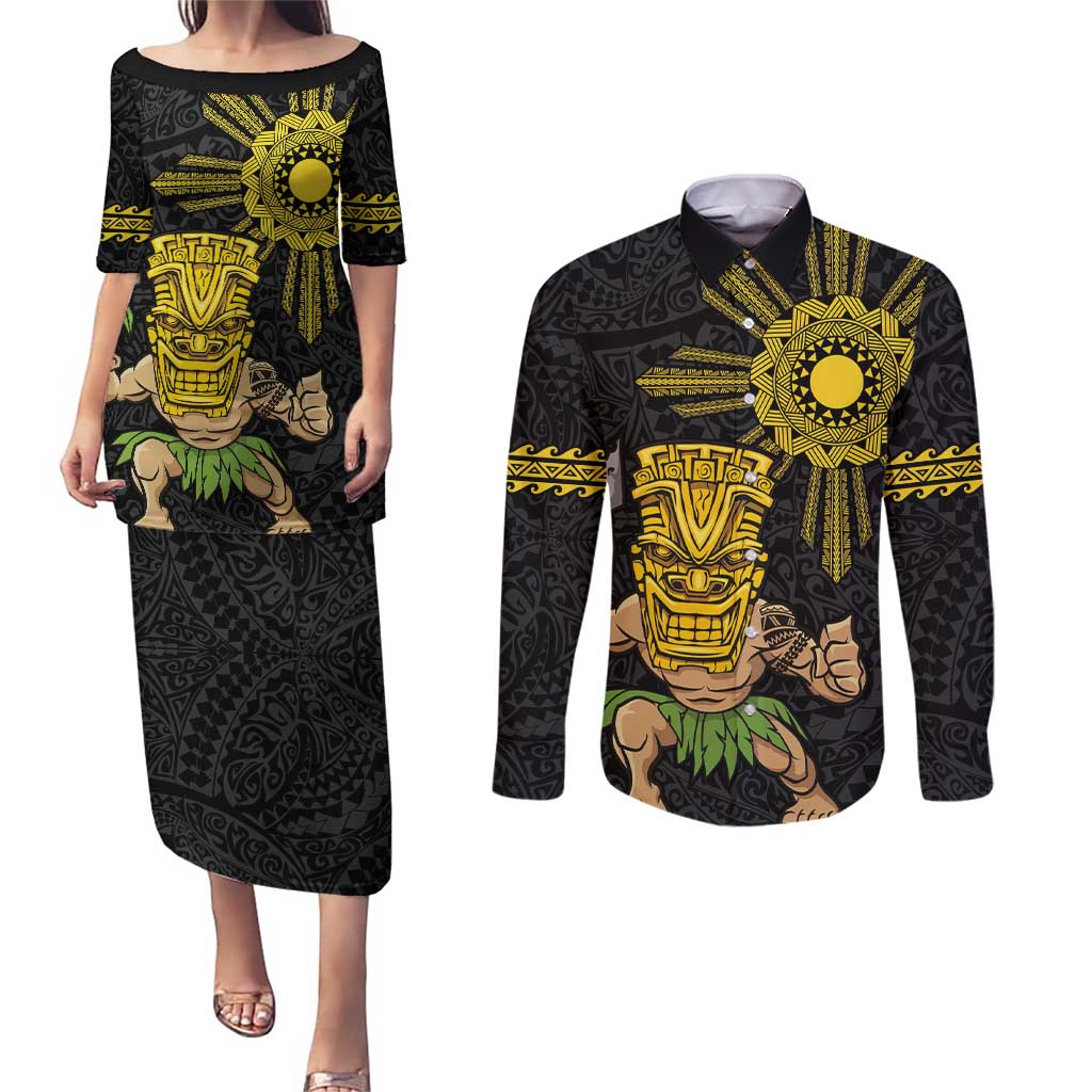Hawaii and Philippines Together Couples Matching Puletasi and Long Sleeve Button Shirt Warrior Tiki Mask and Filipino Sun Polynesian Style LT03 Black - Polynesian Pride