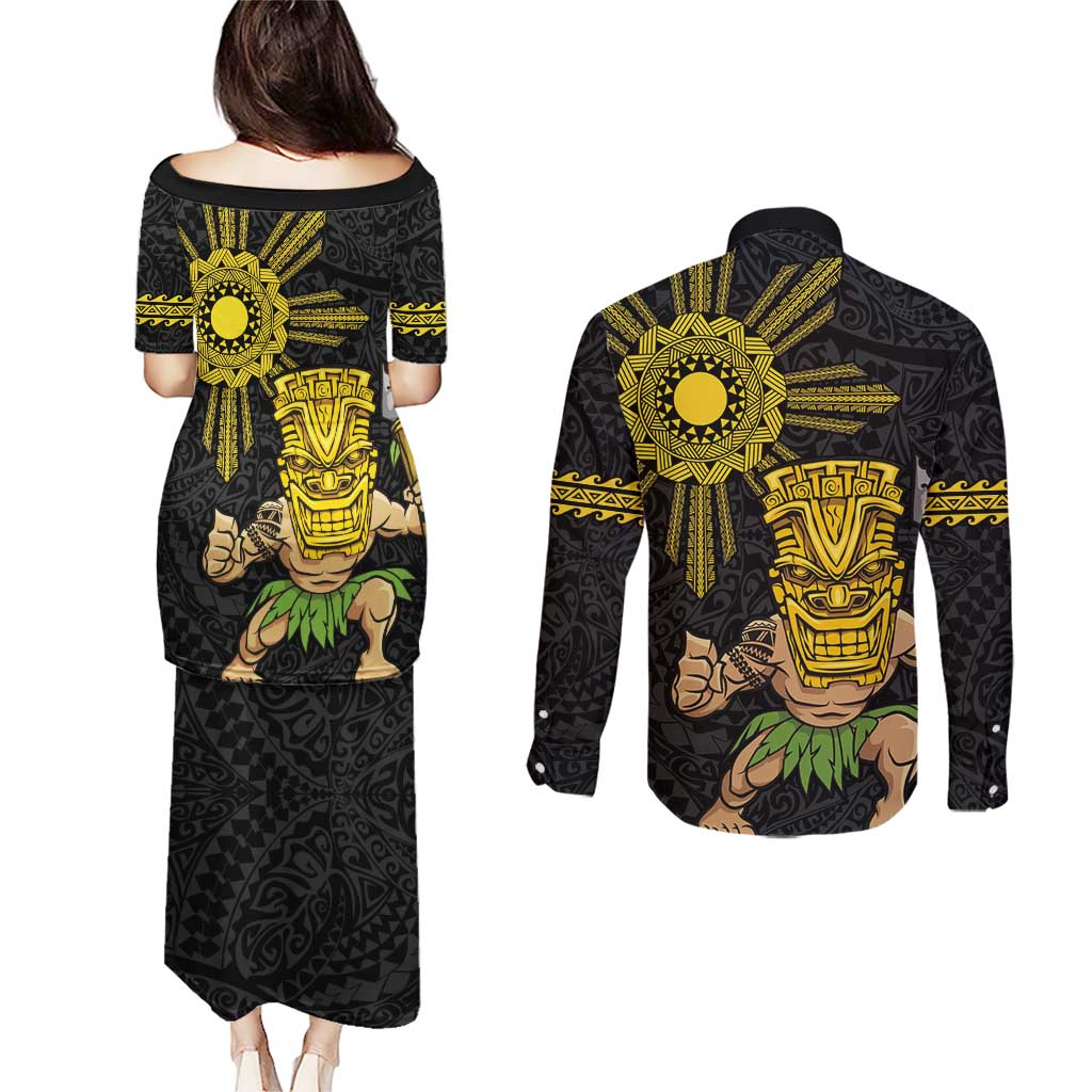 Hawaii and Philippines Together Couples Matching Puletasi and Long Sleeve Button Shirt Warrior Tiki Mask and Filipino Sun Polynesian Style LT03 - Polynesian Pride