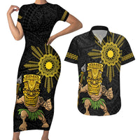 Hawaii and Philippines Together Couples Matching Short Sleeve Bodycon Dress and Hawaiian Shirt Warrior Tiki Mask and Filipino Sun Polynesian Style LT03 Black - Polynesian Pride