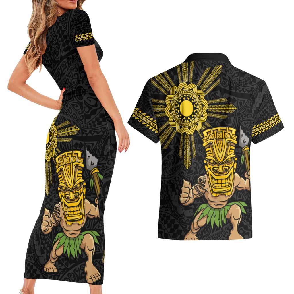 Hawaii and Philippines Together Couples Matching Short Sleeve Bodycon Dress and Hawaiian Shirt Warrior Tiki Mask and Filipino Sun Polynesian Style LT03 - Polynesian Pride