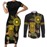 Hawaii and Philippines Together Couples Matching Short Sleeve Bodycon Dress and Long Sleeve Button Shirt Warrior Tiki Mask and Filipino Sun Polynesian Style LT03 Black - Polynesian Pride