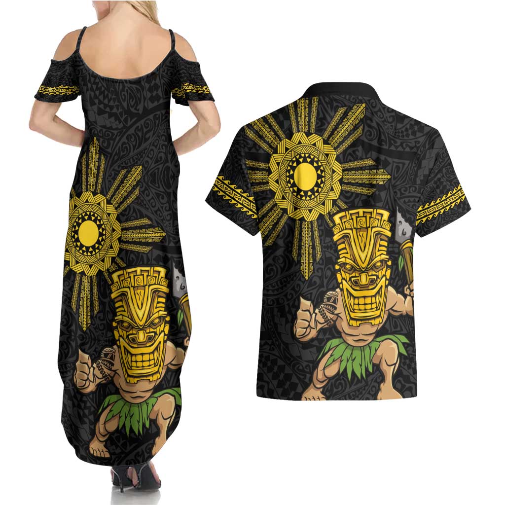 Hawaii and Philippines Together Couples Matching Summer Maxi Dress and Hawaiian Shirt Warrior Tiki Mask and Filipino Sun Polynesian Style LT03 - Polynesian Pride