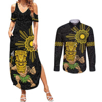 Hawaii and Philippines Together Couples Matching Summer Maxi Dress and Long Sleeve Button Shirt Warrior Tiki Mask and Filipino Sun Polynesian Style LT03 Black - Polynesian Pride