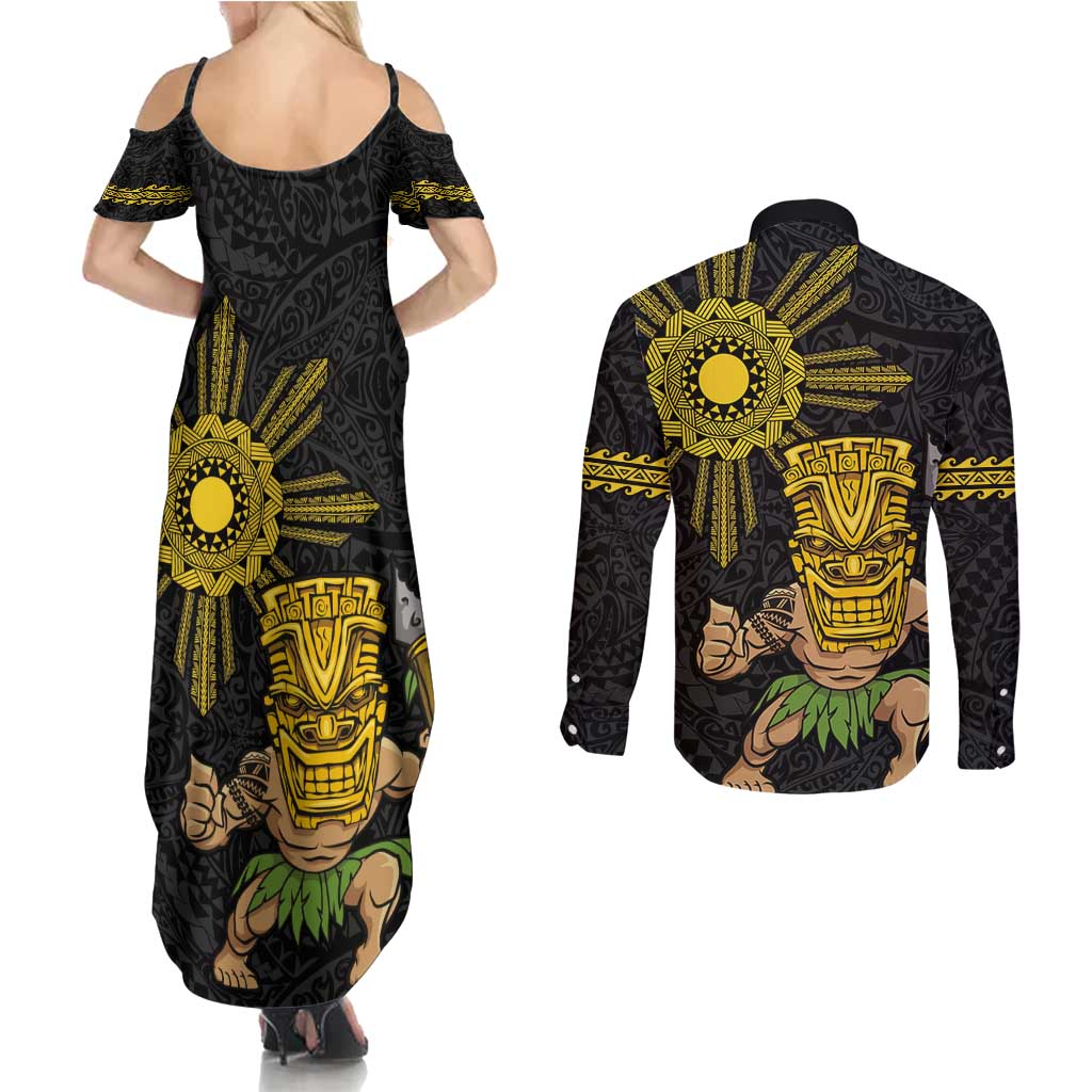 Hawaii and Philippines Together Couples Matching Summer Maxi Dress and Long Sleeve Button Shirt Warrior Tiki Mask and Filipino Sun Polynesian Style LT03 - Polynesian Pride