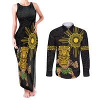 Hawaii and Philippines Together Couples Matching Tank Maxi Dress and Long Sleeve Button Shirt Warrior Tiki Mask and Filipino Sun Polynesian Style LT03 Black - Polynesian Pride