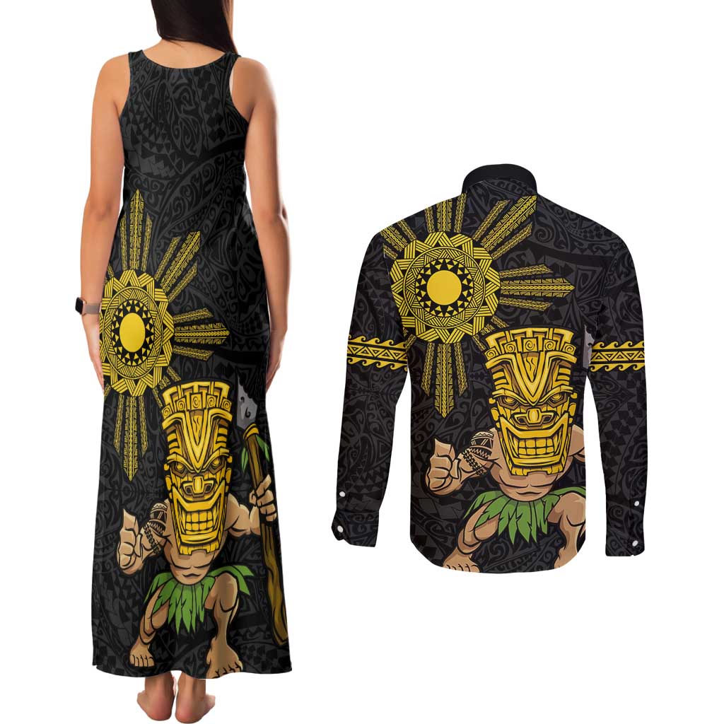 Hawaii and Philippines Together Couples Matching Tank Maxi Dress and Long Sleeve Button Shirt Warrior Tiki Mask and Filipino Sun Polynesian Style LT03 - Polynesian Pride