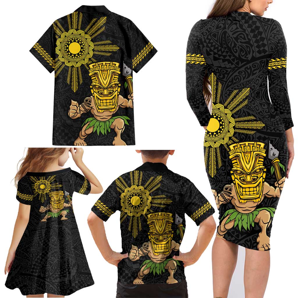 Hawaii and Philippines Together Family Matching Long Sleeve Bodycon Dress and Hawaiian Shirt Warrior Tiki Mask and Filipino Sun Polynesian Style LT03 - Polynesian Pride