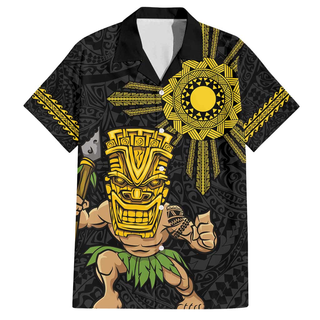 Hawaii and Philippines Together Family Matching Long Sleeve Bodycon Dress and Hawaiian Shirt Warrior Tiki Mask and Filipino Sun Polynesian Style LT03 Dad's Shirt - Short Sleeve Black - Polynesian Pride