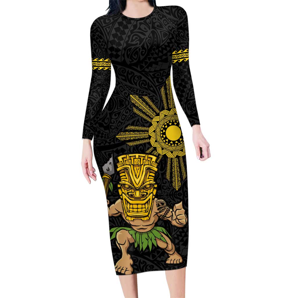 Hawaii and Philippines Together Family Matching Long Sleeve Bodycon Dress and Hawaiian Shirt Warrior Tiki Mask and Filipino Sun Polynesian Style LT03 Mom's Dress Black - Polynesian Pride