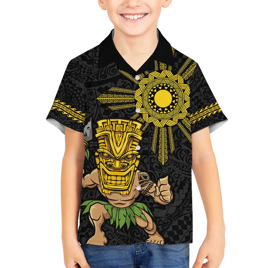 Hawaii and Philippines Together Family Matching Long Sleeve Bodycon Dress and Hawaiian Shirt Warrior Tiki Mask and Filipino Sun Polynesian Style LT03 Son's Shirt Black - Polynesian Pride