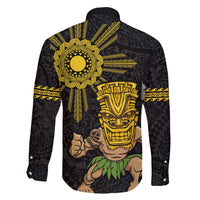 Hawaii and Philippines Together Family Matching Off The Shoulder Long Sleeve Dress and Hawaiian Shirt Warrior Tiki Mask and Filipino Sun Polynesian Style LT03 - Polynesian Pride