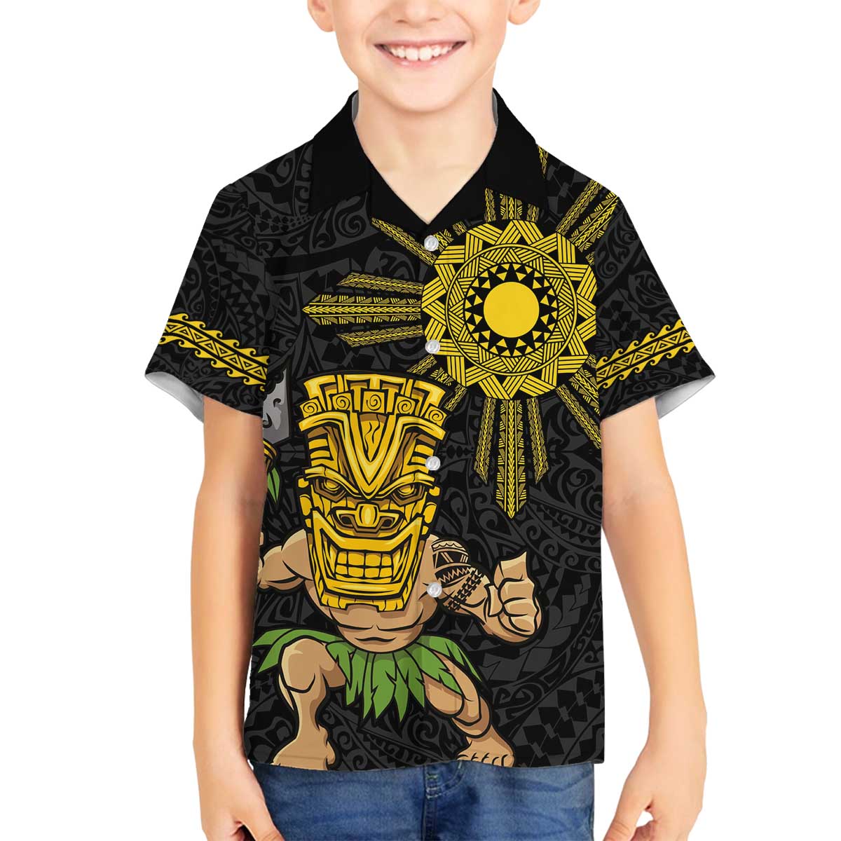 Hawaii and Philippines Together Family Matching Off The Shoulder Long Sleeve Dress and Hawaiian Shirt Warrior Tiki Mask and Filipino Sun Polynesian Style LT03 Son's Shirt Black - Polynesian Pride