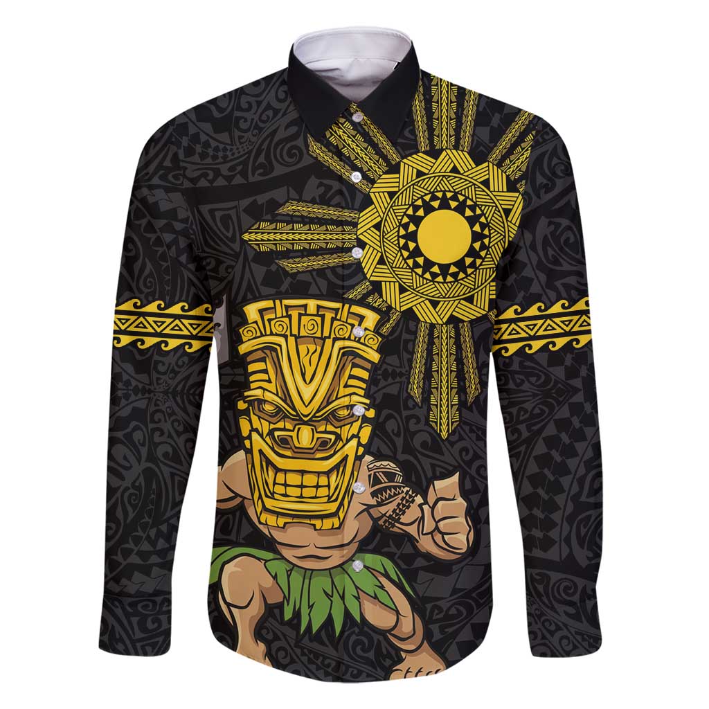 Hawaii and Philippines Together Family Matching Off Shoulder Maxi Dress and Hawaiian Shirt Warrior Tiki Mask and Filipino Sun Polynesian Style LT03 Dad's Shirt - Long Sleeve Black - Polynesian Pride