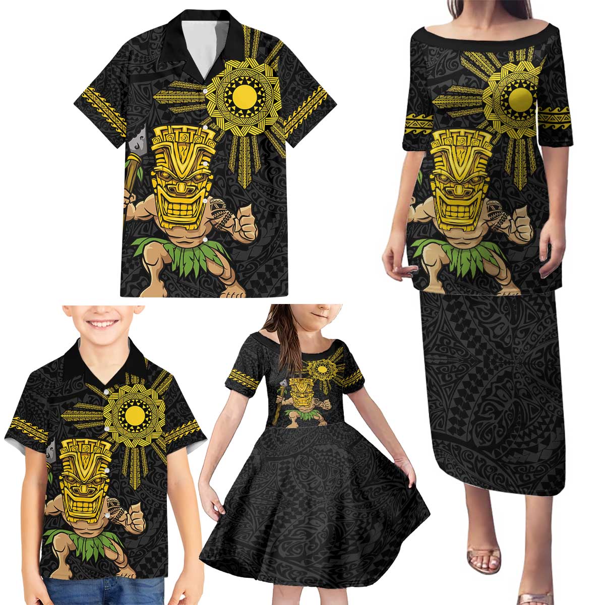 Hawaii and Philippines Together Family Matching Puletasi and Hawaiian Shirt Warrior Tiki Mask and Filipino Sun Polynesian Style LT03 - Polynesian Pride