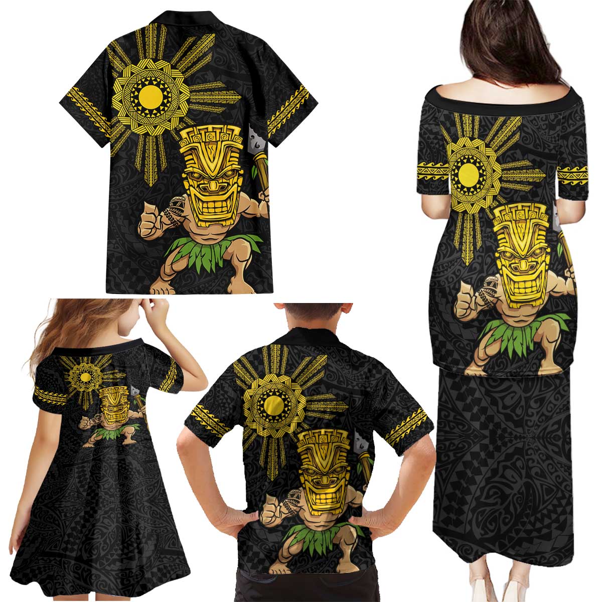 Hawaii and Philippines Together Family Matching Puletasi and Hawaiian Shirt Warrior Tiki Mask and Filipino Sun Polynesian Style LT03 - Polynesian Pride