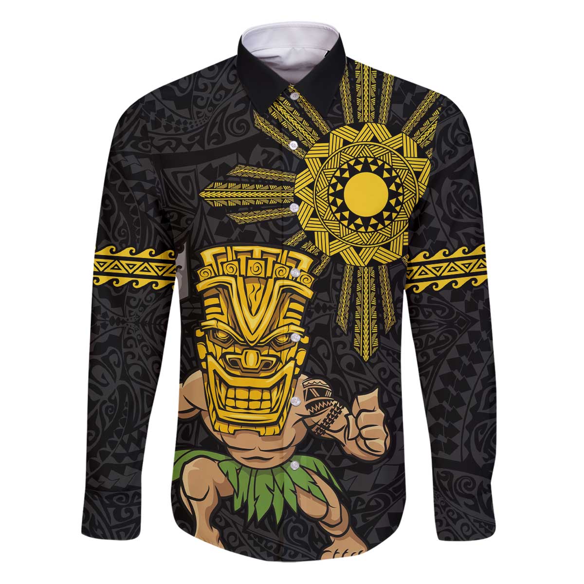 Hawaii and Philippines Together Family Matching Puletasi and Hawaiian Shirt Warrior Tiki Mask and Filipino Sun Polynesian Style LT03 Dad's Shirt - Long Sleeve Black - Polynesian Pride