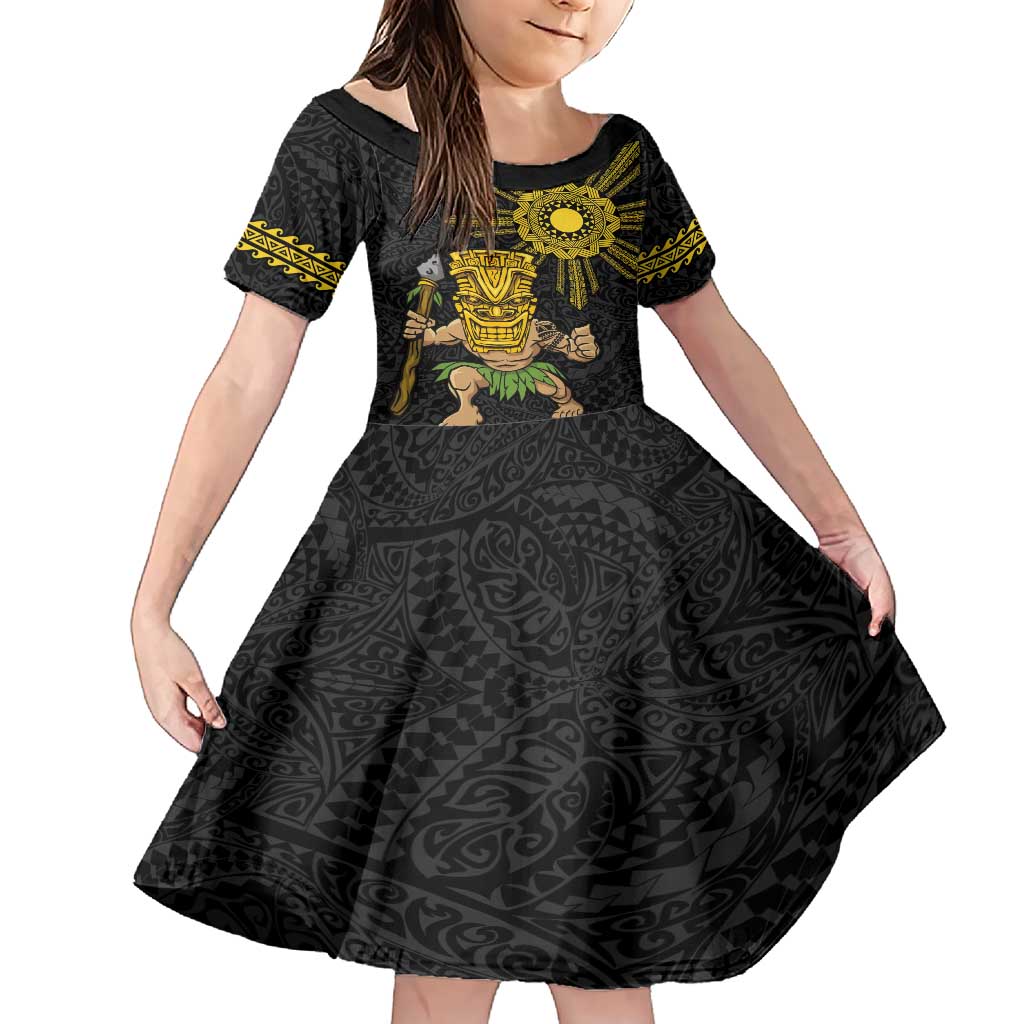 Hawaii and Philippines Together Family Matching Short Sleeve Bodycon Dress and Hawaiian Shirt Warrior Tiki Mask and Filipino Sun Polynesian Style LT03 Daughter's Dress Black - Polynesian Pride