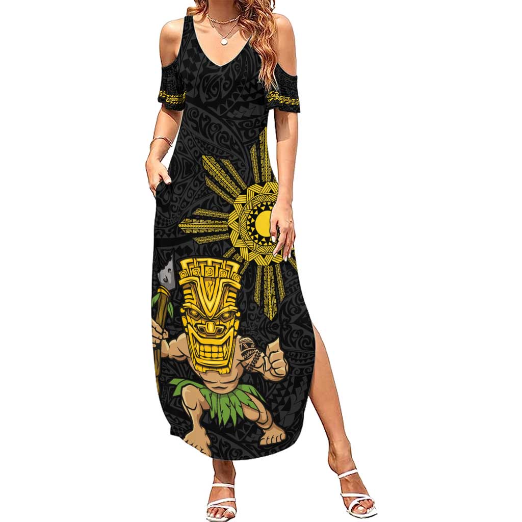 Hawaii and Philippines Together Family Matching Summer Maxi Dress and Hawaiian Shirt Warrior Tiki Mask and Filipino Sun Polynesian Style LT03 Mom's Dress Black - Polynesian Pride