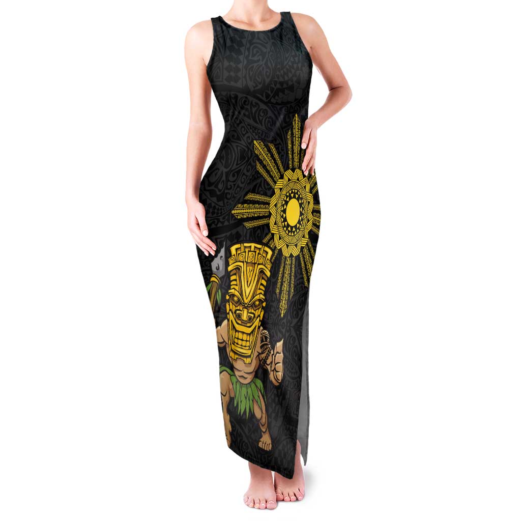 Hawaii and Philippines Together Family Matching Tank Maxi Dress and Hawaiian Shirt Warrior Tiki Mask and Filipino Sun Polynesian Style LT03 Mom's Dress Black - Polynesian Pride