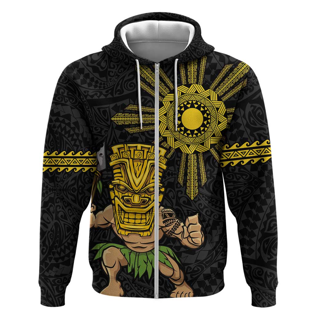 Hawaii and Philippines Together Hoodie Warrior Tiki Mask and Filipino Sun Polynesian Style LT03 Zip Hoodie Black - Polynesian Pride