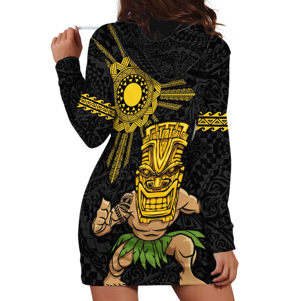 Hawaii and Philippines Together Hoodie Dress Warrior Tiki Mask and Filipino Sun Polynesian Style LT03 - Polynesian Pride