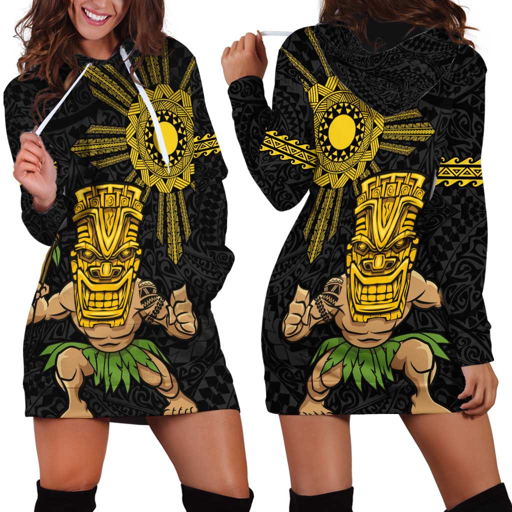 Hawaii and Philippines Together Hoodie Dress Warrior Tiki Mask and Filipino Sun Polynesian Style LT03 - Polynesian Pride