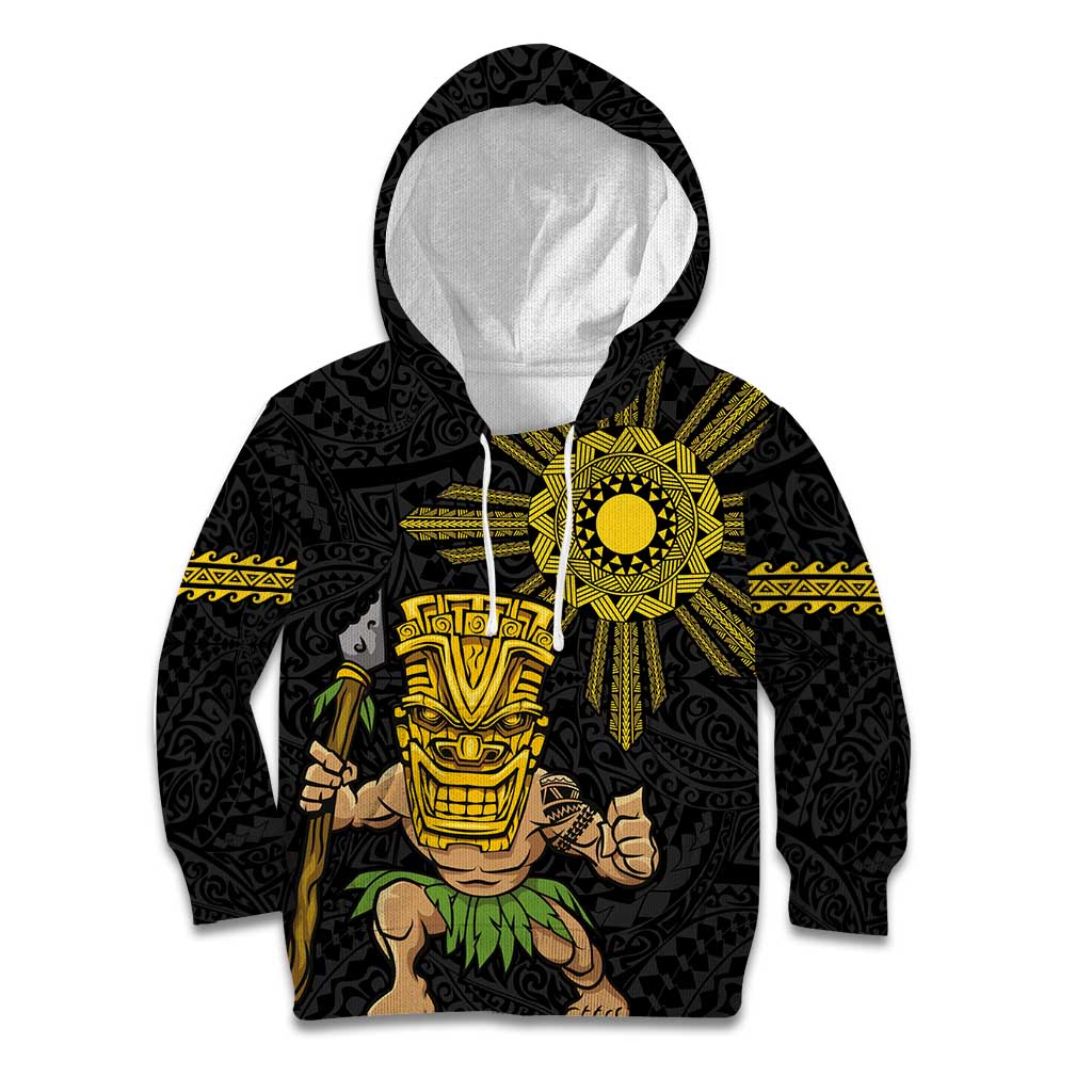 Hawaii and Philippines Together Kid Hoodie Warrior Tiki Mask and Filipino Sun Polynesian Style LT03 Hoodie Black - Polynesian Pride