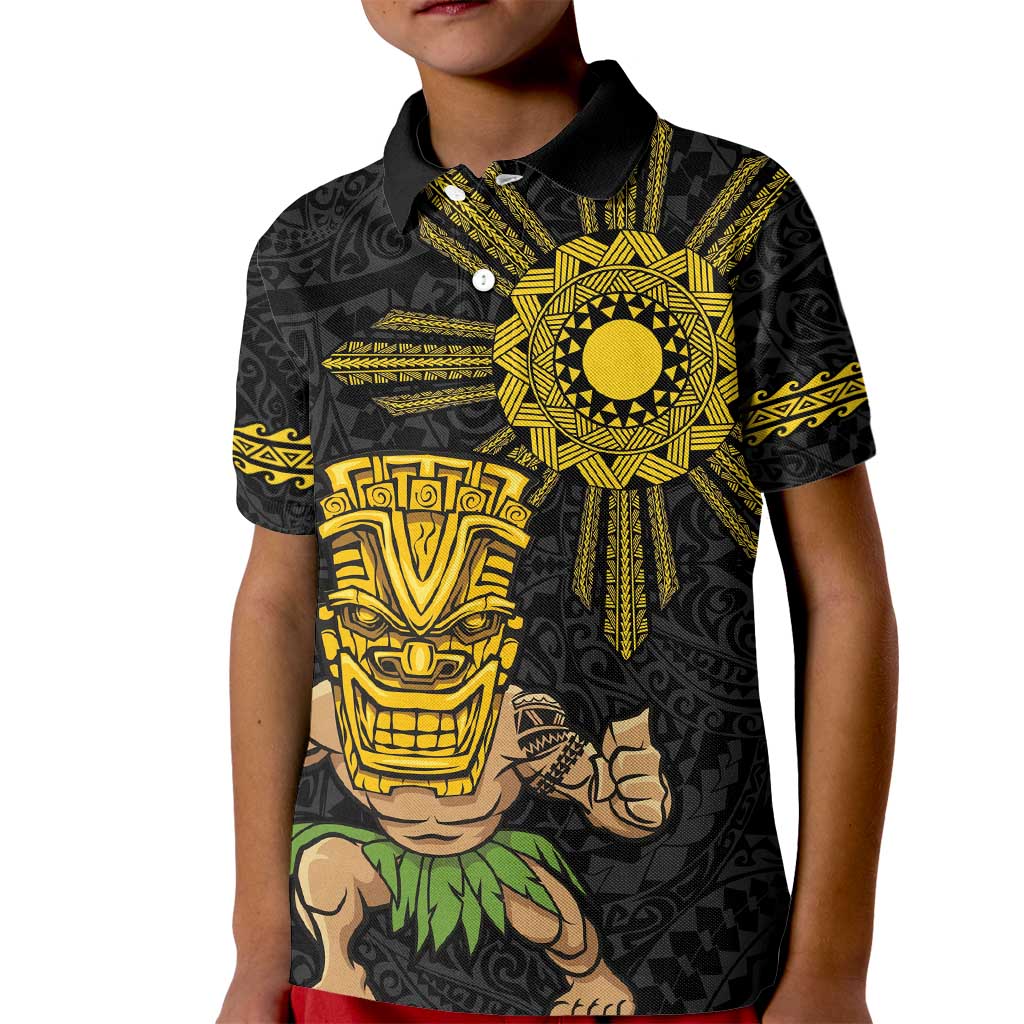 Hawaii and Philippines Together Kid Polo Shirt Warrior Tiki Mask and Filipino Sun Polynesian Style LT03 Kid Black - Polynesian Pride