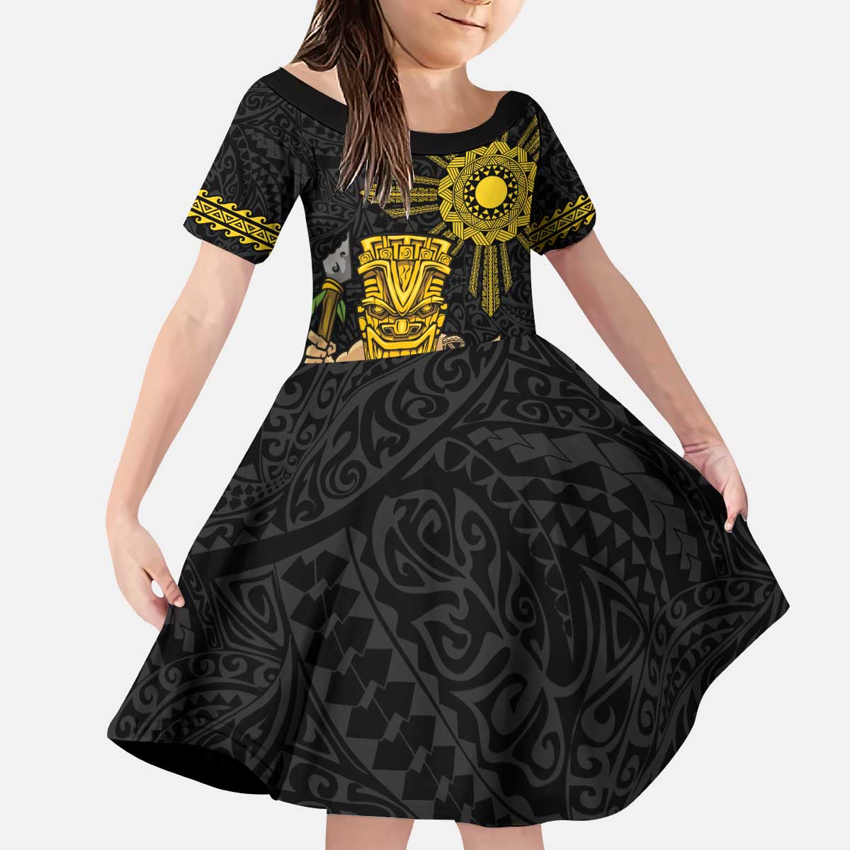 Hawaii and Philippines Together Kid Short Sleeve Dress Warrior Tiki Mask and Filipino Sun Polynesian Style LT03 KID Black - Polynesian Pride