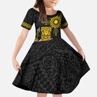 Hawaii and Philippines Together Kid Short Sleeve Dress Warrior Tiki Mask and Filipino Sun Polynesian Style LT03 KID Black - Polynesian Pride