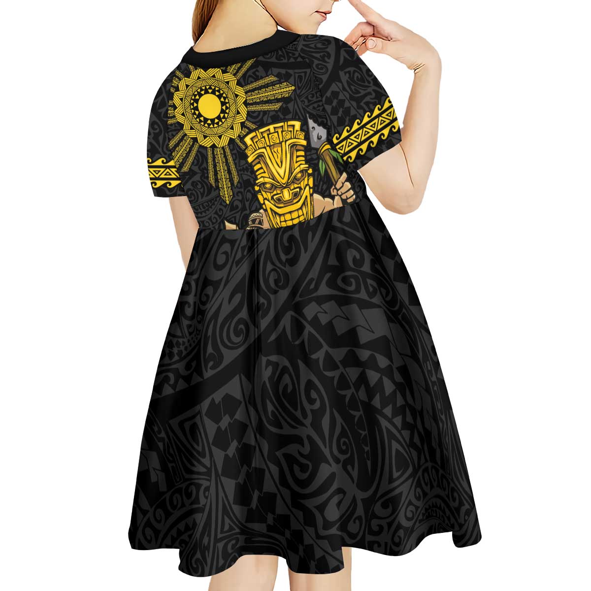Hawaii and Philippines Together Kid Short Sleeve Dress Warrior Tiki Mask and Filipino Sun Polynesian Style LT03 - Polynesian Pride