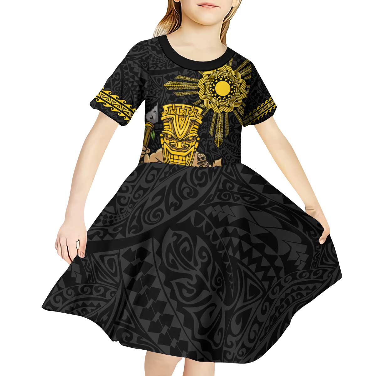 Hawaii and Philippines Together Kid Short Sleeve Dress Warrior Tiki Mask and Filipino Sun Polynesian Style LT03 - Polynesian Pride