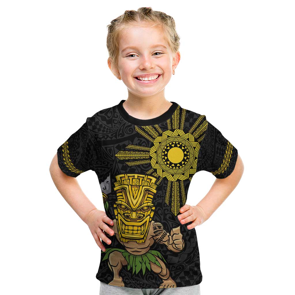 Hawaii and Philippines Together Kid T Shirt Warrior Tiki Mask and Filipino Sun Polynesian Style LT03 Black - Polynesian Pride