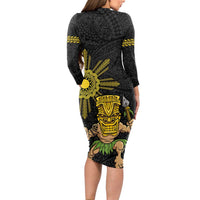 Hawaii and Philippines Together Long Sleeve Bodycon Dress Warrior Tiki Mask and Filipino Sun Polynesian Style LT03 - Polynesian Pride