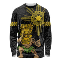 Hawaii and Philippines Together Long Sleeve Shirt Warrior Tiki Mask and Filipino Sun Polynesian Style LT03 Unisex Black - Polynesian Pride