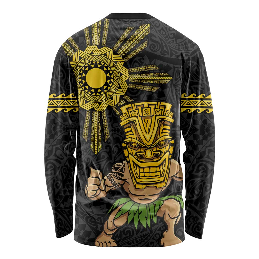 Hawaii and Philippines Together Long Sleeve Shirt Warrior Tiki Mask and Filipino Sun Polynesian Style LT03 - Polynesian Pride